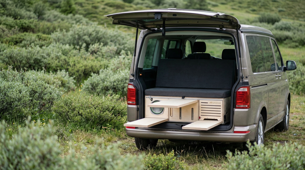 CampBoks Campingbox im grauen VW Bus mit geöffneter Heckklappe und ausgezogenen Sitzbänken im Grünen.
